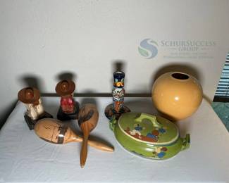 Mexican Ceramic Dish & Vase, Wooden Figurines, Maracas, and Candle Holder