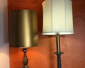 Ornate Table Lamps, Fabric Shades, Dark Bronze & Gold Accents, 30" Height