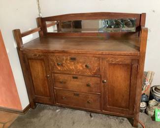 Mission Style Wooden Sideboard With Mirror, 3 Drawers, 2 Doors