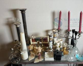 Variety of Brass, Marble, and Ceramic Candlestick Holders