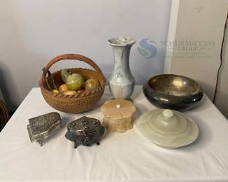 Decorative Set with marble Fruit Basket, Marble Vase, Metal Containers