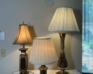 Set of 3 Metal Table Lamps, Various Designs, Beige and White Fabric Shades
