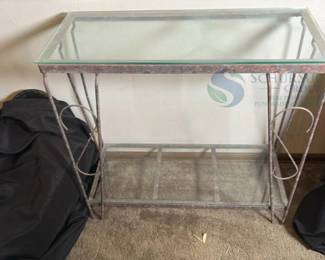Industrial Metal & Glass Console Table, Minimalist Design, 30 x 16 x 28 inches