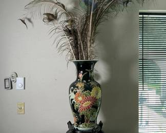 Ceramic Floral Vase with Peacock Feathers and Wooden Stand, 39"