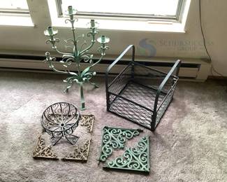 Wrought Iron Home Décor Set with Candle Holder, Basket, Plant Stand