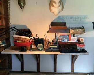 Desk Organization Set with Wicker Basket, Wooden Shelf, Metal Bookends