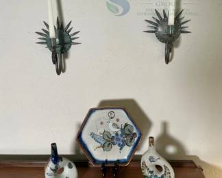 Mexican Ceramic Bottles with Floral Bird Design & Metal Wall Candle Holders