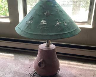 Leather Shade Table Lamp, Native American Design, Ceramic Base