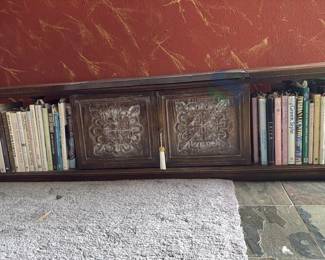 Dark Wood Coffee Table with Slate Top, Carved Doors, Side Book Shelves