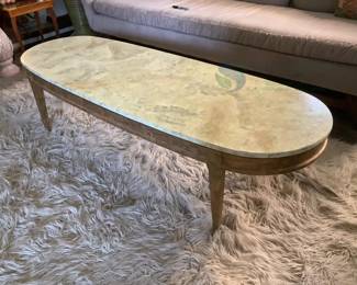 Oval Coffee Table with Faux Stone Top and Wood Legs