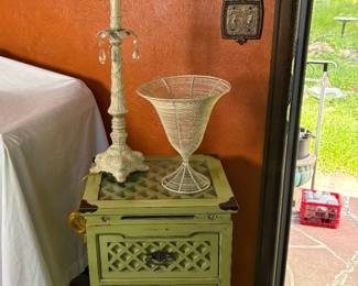 Light Green Wooden Cabinet with Glass Top & 4 Drawers