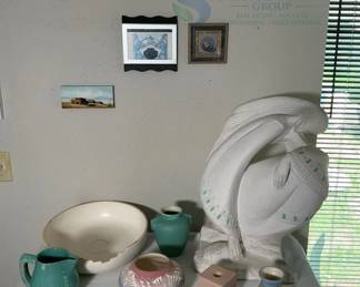 Southwest Style Sculpture and Pottery Set with Artwork by Hope Schwank