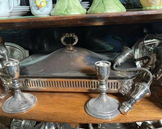 International Silver Company Serving Dishes & Candle Holders with Glass Inserts