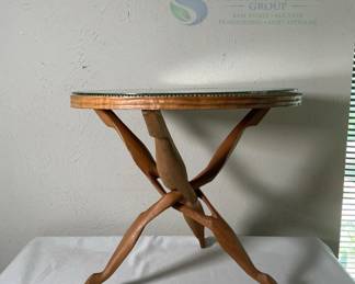 Folding Wooden Table with Carved Floral Top, 15-inch Diameter