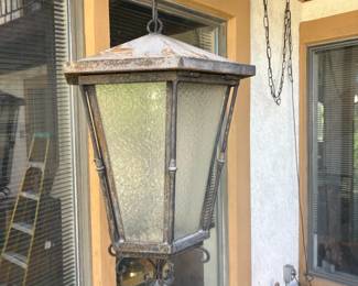 Outdoor Hanging Metal Lantern with Frosted Glass Panels, Chain-Mounted