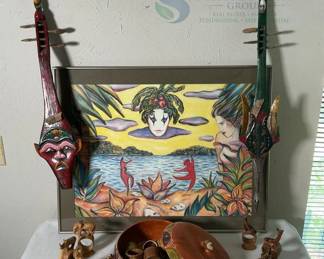 African-Inspired Art Collection: Framed Artwork, Wooden Masks, Clay Pot