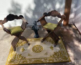 Pair of Renaissance-Style Savonarola Chairs with concrete Garden Sculpture