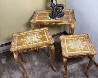Florentine Gold Nesting Tables Set with Bronze Sculpture by Henry