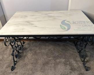Ornate Marble Top Coffee Table with Wrought Iron Base, White Marble