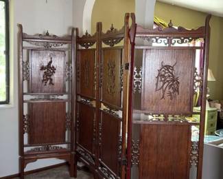 Antique Wood Folding Room Divider Screen, 4 Panels, Intricate Carvings