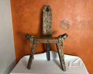 Antique African Wooden Stool, Three-Legged Design, Carved Backrest