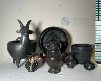Black Pottery Set, Jackalope Pottery, 7 Pieces, Made in Mexico