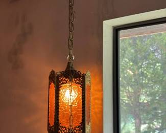 Vintage Moroccan-Inspired Hanging Pendant Lamp with Bronze & Amber Glass