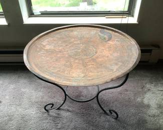 Copper Tray Table with Decorative Engravings and Wrought Iron Base