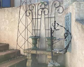 Garden Decor Set with Wrought Iron Trellis, Plant Stand, and Urns