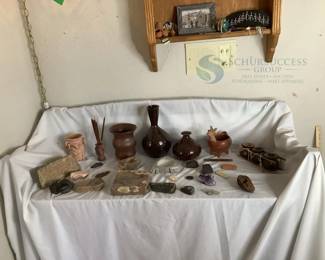 Collection of Artifacts and Decorative Items, Pottery Vases, Stone Artifacts