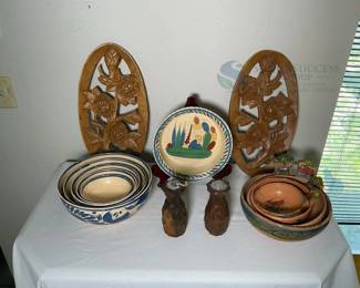 Vintage Ceramic Bowls, Wooden Plaques & Mills - Hand-Painted, Carved Design