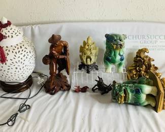 Asian-Inspired Decorative Art Pieces, Ceramic Foo Dog, Carved Lamp