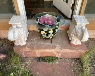 Pair of Decorative Elephant Side Tables with Glass-Topped Floral Vase