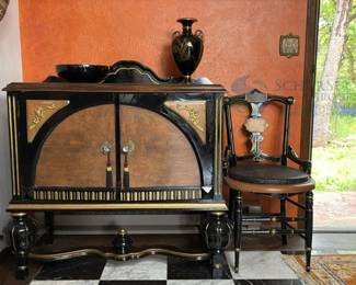 Hutch, Chair, and Aizu Japanese Decorative Vase, Black & Gold, Floral Design, CXX59