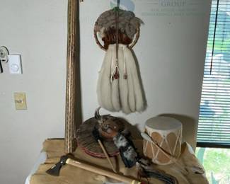 Native American-Inspired Ceremonial Set: Drum, Tomahawk, Rattle, Wall Hanging