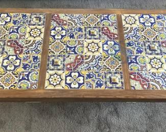 Rustic Coffee Table with Multi-Colored Ceramic Tile Top, Wooden Frame