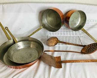 Vintage Copper Cookware Set, Hand-Hammered, Brass Handles, 8 Pieces
