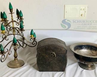 Metal Candelabra with Green Tips, Silver-Toned Bowl, Embossed Decorative Chest
