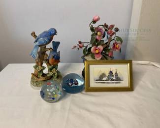 Porcelain Floral Arrangement, Framed Artwork, Glass Paperweights, Porcelain Bird Figurine