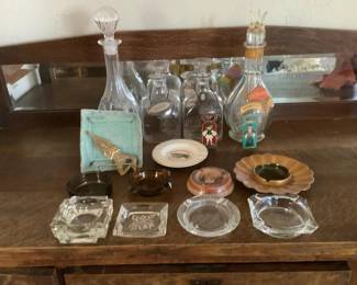 Glass Decanter Set with Labels & Decorative Ashtrays