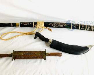 Vintage Carving Knife and Fork Set with Sheaths, Decorative Curved Blade