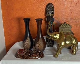 Ethnic Decorative Masks, Brass Elephant, and Vases Collection