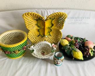 Italian Ceramic Set, Includes Basket, Butterfly Wall Decor, Plate with Fruit