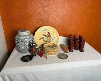Asian Decorative Collection: Painted Plates, Carved Statues, Porcelain Jar