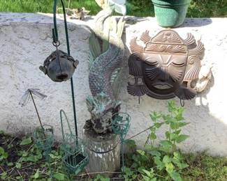 Outdoor Garden Decor Set with Fish Sculpture, Mask Wall Art, Fish Lantern