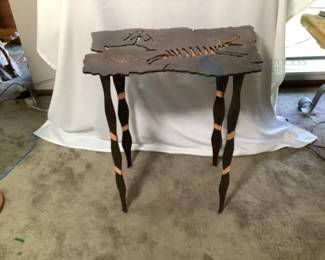 Petroglyph-Style Metal Accent Table, Black & Copper, Twisted Legs