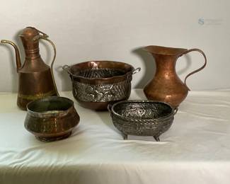 Antique Copper & Silver-Plated Metalware Bowls and Pitchers Set