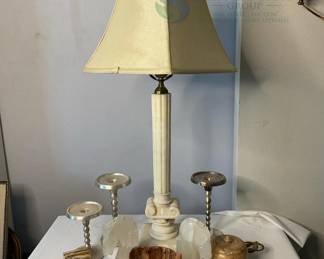 Vintage Marble Table Lamp, 30 Inches Tall, Fabric Shade, Beige