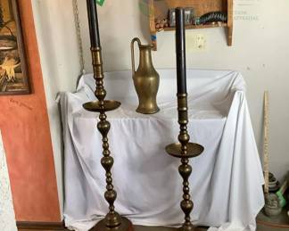 Antique Style Brass Candle Holders and Decorative Pitcher Set