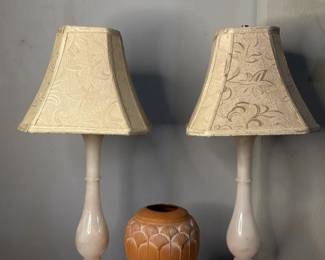 Pair of Light Pink Table Lamps with Fabric Shades